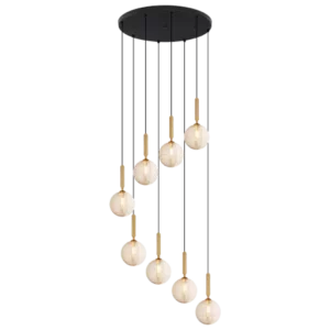 Darc — Une applique murale design composée de plusieurs globes lumineux blancs suspendus en cascade, créant une ligne élégante et lumineuse contre un