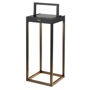 Darc — Une lanterne design suspendue composée d’un cadre métallique noir et de montants en bois clair, avec une base carrée et un abat-jour transparen