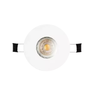 Darc — Un projecteur encastré de forme circulaire, blanc, avec une lumière douce et chaude au centre, fixé dans un faux plafond noir
