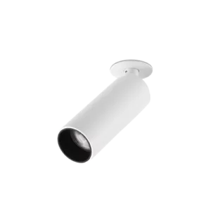 Darc — Projecteur linéaire blanc orientable, de forme allongée et fine, avec une extrémité munie d'un diffuseur circulaire et une base plate pour fixa