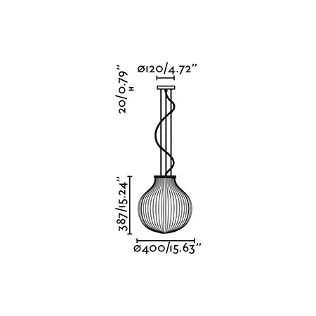 Darc — Dessin technique en noir et blanc d'une lampe design au col torsadé et à la base en verre soufflé strié, avec indications des dimensions : diam