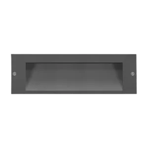 Darc — Une platine lumineuse rectangulaire en métal gris clair, encastrée et dotée d'un rebord fin, posée sur un fond noir uniforme. Elle présente deu
