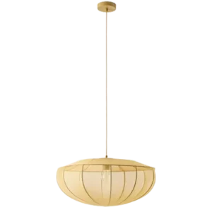 Darc — Applique suspendue en forme ovale avec un abat-jour en tissu beige clair et une structure métallique blanche, fixée par un câble fin au plafond