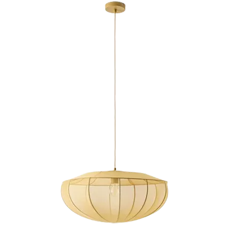 Darc — Applique suspendue en forme ovale avec un abat-jour en tissu beige clair et une structure métallique blanche, fixée par un câble fin au plafond