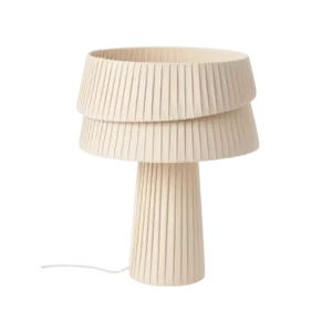 Darc — Lampe design en forme de cylindre avec des plis de tissu ivoire superposés, base étroite et fond noir contrasté pour un effet élégant et contem