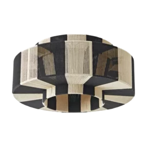 Darc — Applique murale design composée de panneaux en bois clair et de structures métalliques noires, formant une structure géométrique hexagonale ave