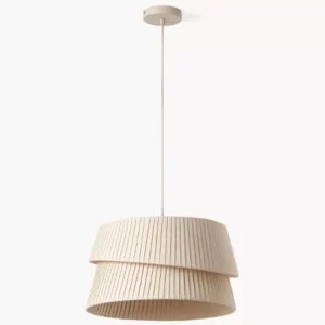 Darc — Applique lumineuse suspendue au plafond, composée d’un abat-jour en tissu beige légèrement plissé et empilé en deux couches, fixée par une tige