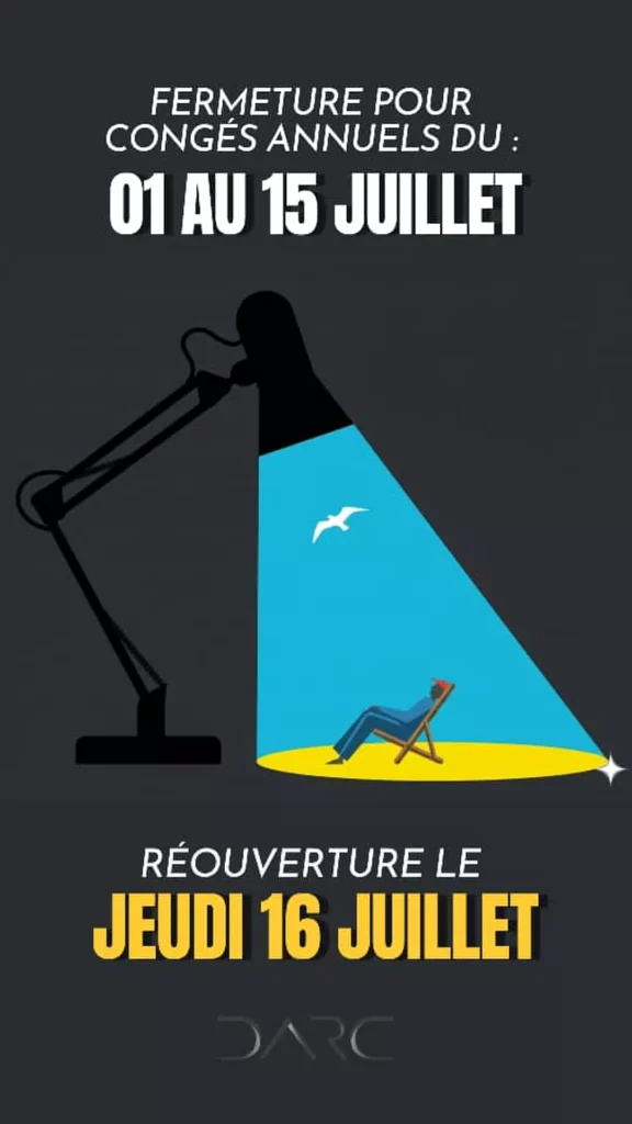 Darc — Illustration montrant un projecteur éclairant une personne en train de bronzer sur une plage sous un ciel bleu, avec un oiseau en vol. Texte in