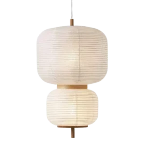 Darc — Applique lumineuse suspendue composée de deux abat-jour superposés en papier washi blanc, fixée par un fil métallique sur fond noir