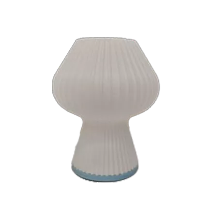 Darc — Lampe murale ou sur pied en forme de champignon, avec un corps blanc strié et une base bleue, offrant une ambiance lumineuse douce et contempor