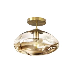 Darc — Applique murale suspendue en verre soufflé doré avec une base dorée et une ampoule visible à l'intérieur, design élégant et contemporain.